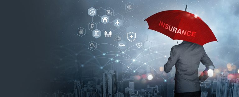 Insurance concept, Businessman holding red umbrella on falling rain with protect with icon business, health, financial, life, family, accident and logistics  insurance on city background